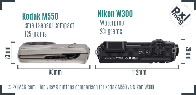 Kodak M550 vs Nikon W300 top view buttons comparison