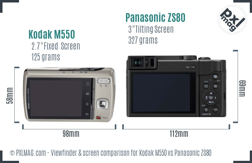 Kodak M550 vs Panasonic ZS80 Screen and Viewfinder comparison
