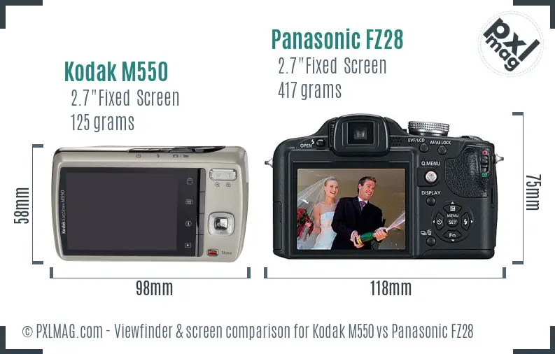 Kodak M550 vs Panasonic FZ28 Screen and Viewfinder comparison