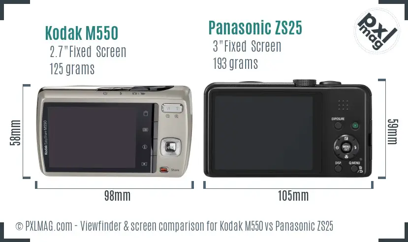 Kodak M550 vs Panasonic ZS25 Screen and Viewfinder comparison