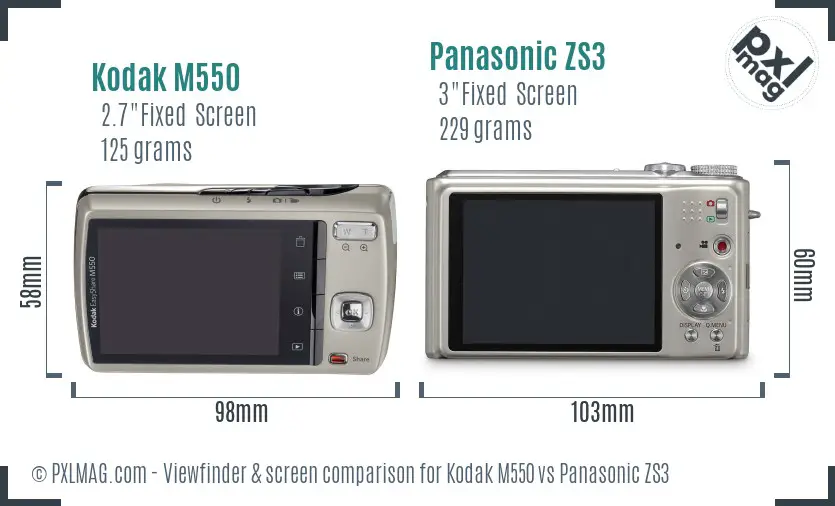 Kodak M550 vs Panasonic ZS3 Screen and Viewfinder comparison