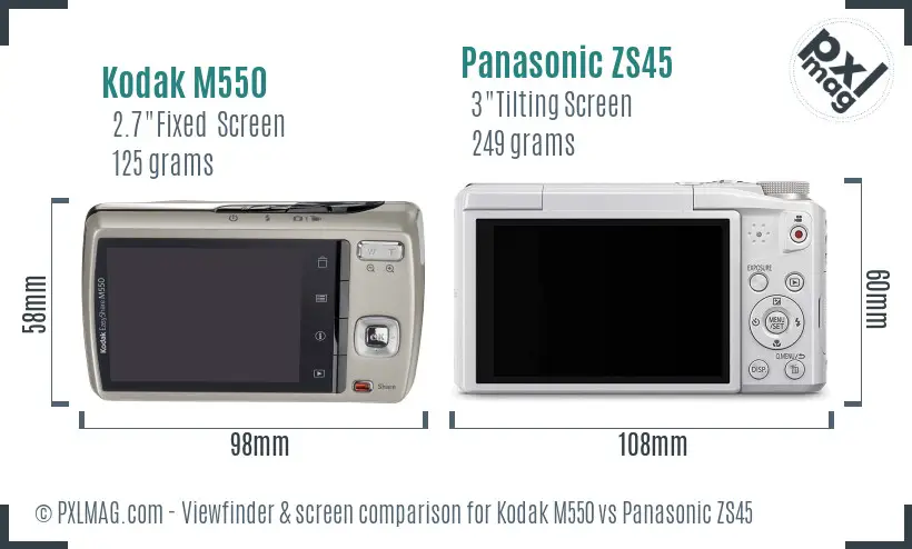 Kodak M550 vs Panasonic ZS45 Screen and Viewfinder comparison