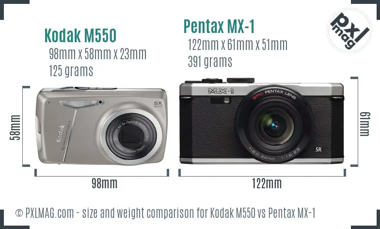 Kodak M550 vs Pentax MX-1 size comparison