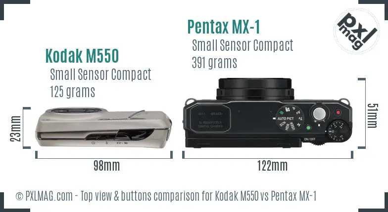 Kodak M550 vs Pentax MX-1 top view buttons comparison