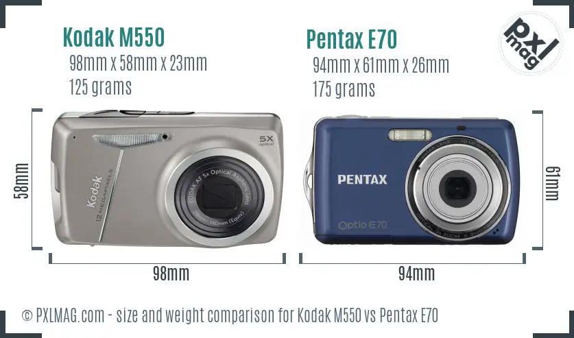 Kodak M550 vs Pentax E70 size comparison