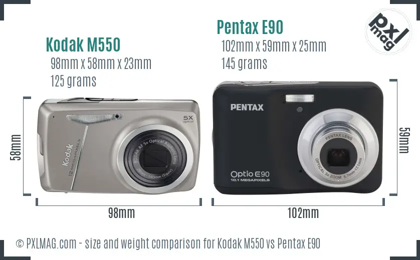 Kodak M550 vs Pentax E90 size comparison