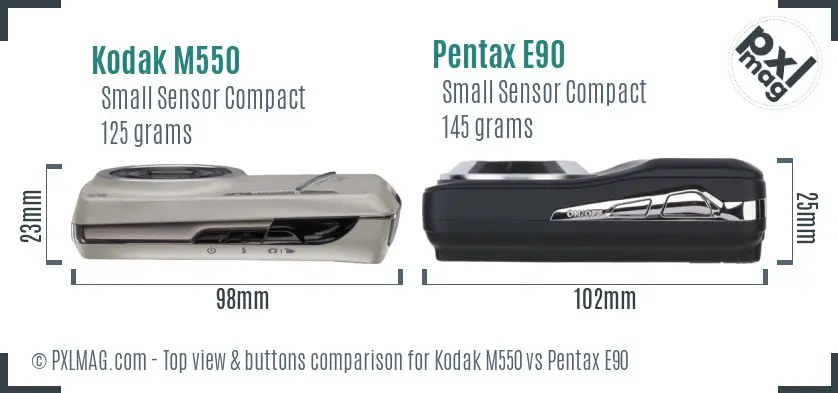 Kodak M550 vs Pentax E90 top view buttons comparison