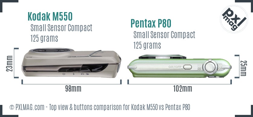 Kodak M550 vs Pentax P80 top view buttons comparison