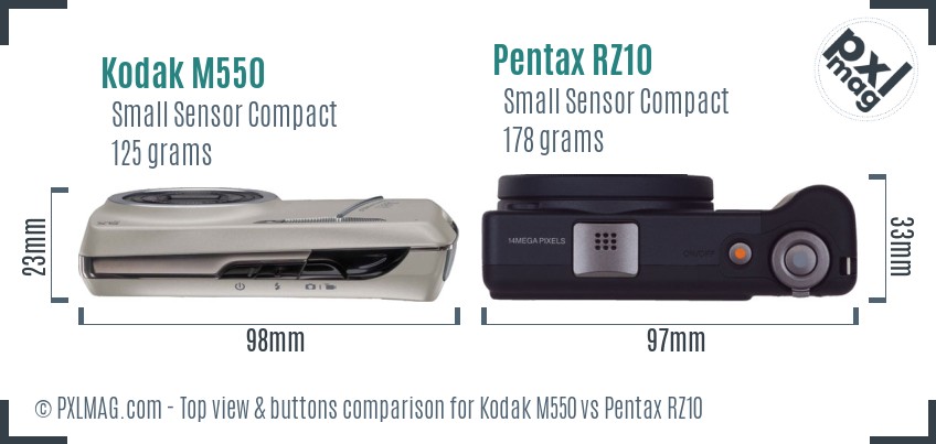 Kodak M550 vs Pentax RZ10 top view buttons comparison