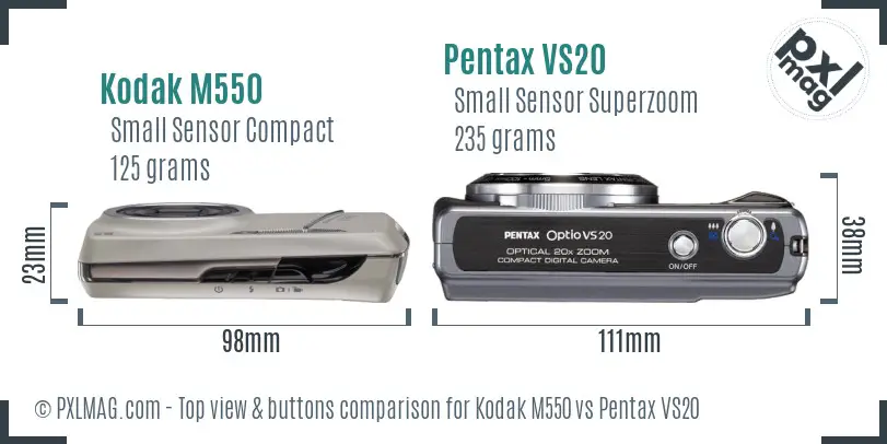 Kodak M550 vs Pentax VS20 top view buttons comparison