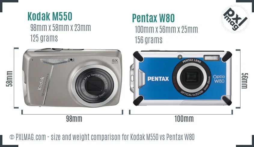 Kodak M550 vs Pentax W80 size comparison