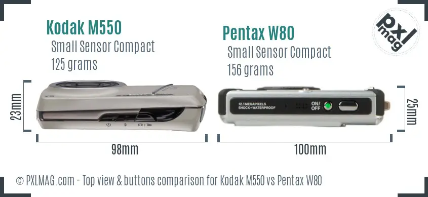 Kodak M550 vs Pentax W80 top view buttons comparison