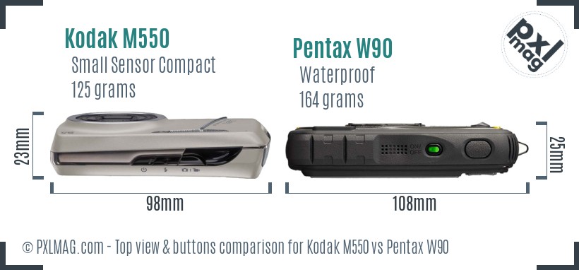 Kodak M550 vs Pentax W90 top view buttons comparison