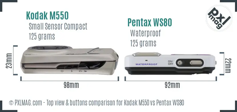 Kodak M550 vs Pentax WS80 top view buttons comparison Kodak M550 vs Pentax WS80 top view buttons comparison