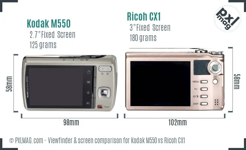 Kodak M550 vs Ricoh CX1 Screen and Viewfinder comparison