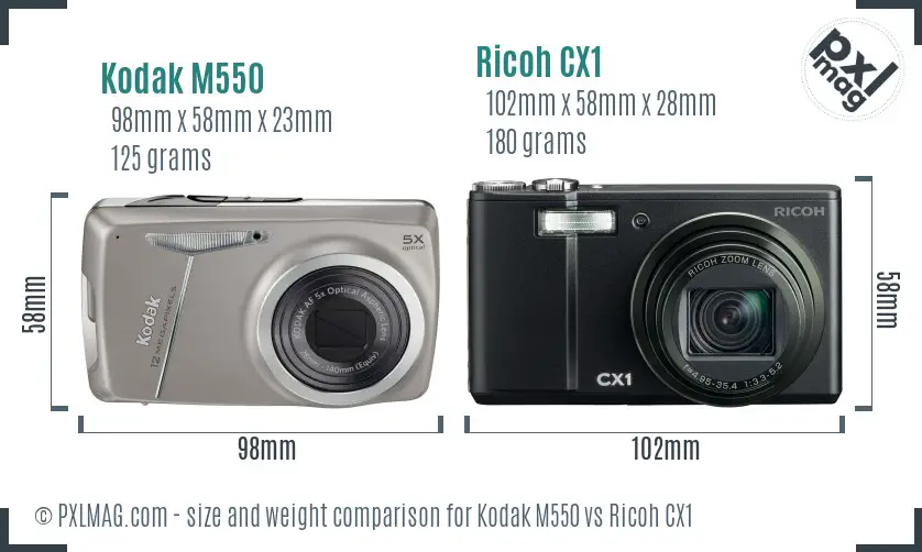 Kodak M550 vs Ricoh CX1 size comparison