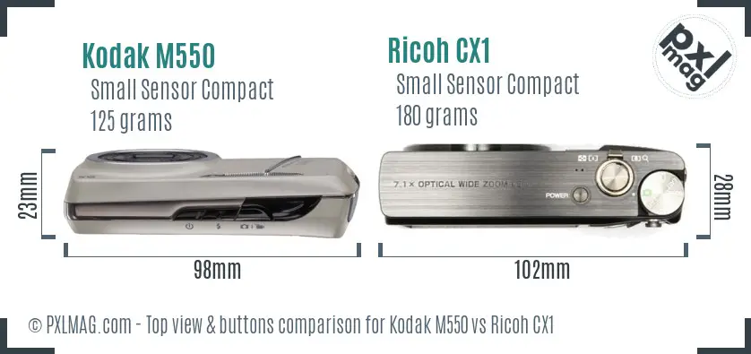 Kodak M550 vs Ricoh CX1 top view buttons comparison