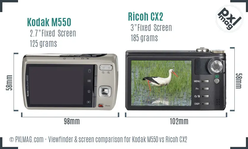 Kodak M550 vs Ricoh CX2 Screen and Viewfinder comparison