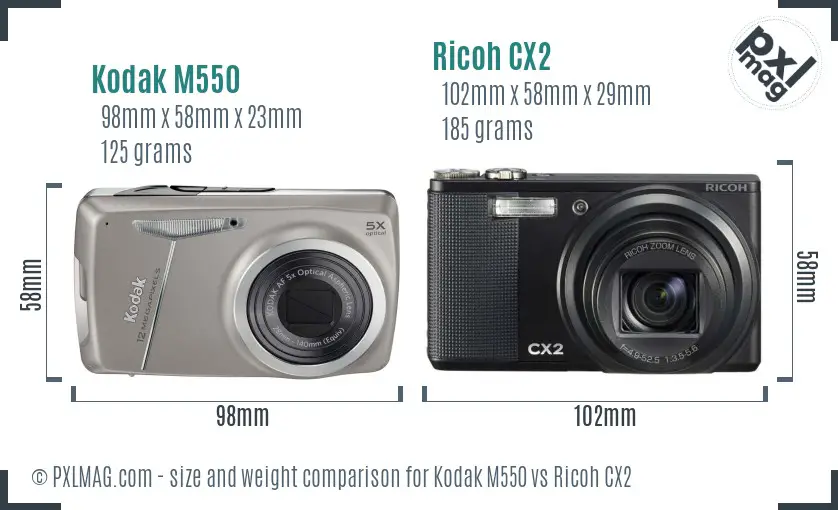 Kodak M550 vs Ricoh CX2 size comparison