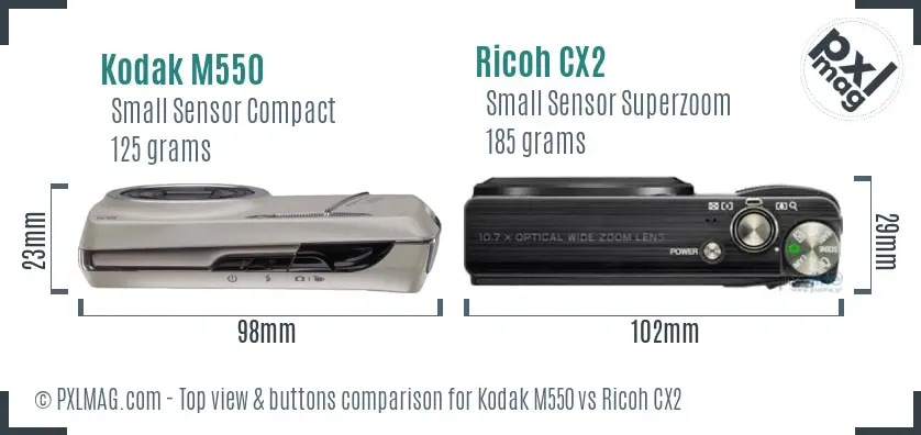 Kodak M550 vs Ricoh CX2 top view buttons comparison