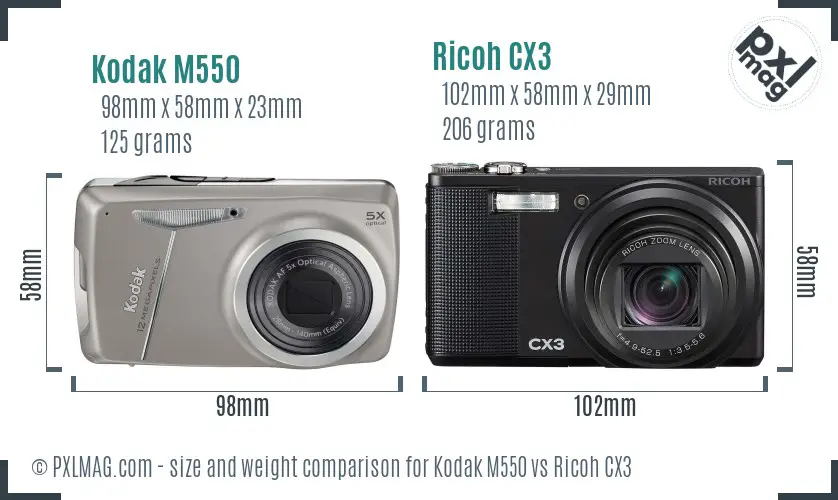 Kodak M550 vs Ricoh CX3 size comparison Kodak M550 vs Ricoh CX3 size comparison