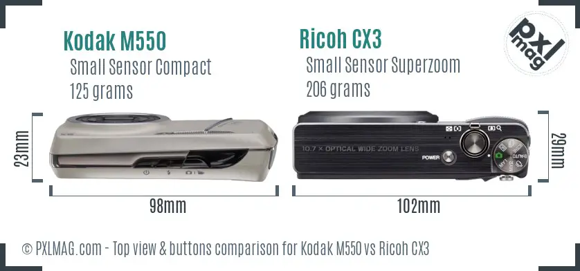 Kodak M550 vs Ricoh CX3 top view buttons comparison Kodak M550 vs Ricoh CX3 top view buttons comparison