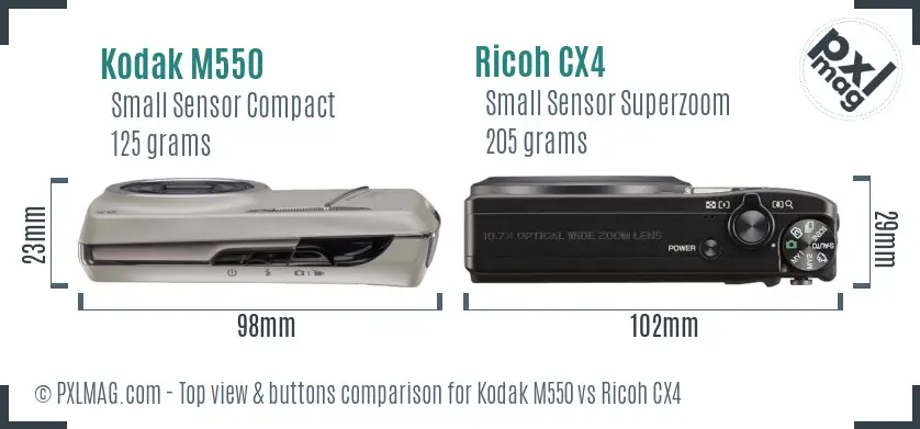 Kodak M550 vs Ricoh CX4 top view buttons comparison Kodak M550 vs Ricoh CX4 top view buttons comparison