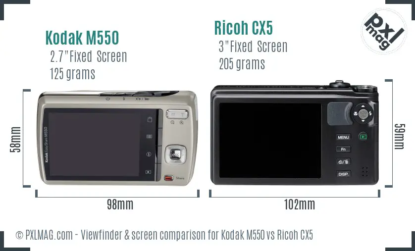 Kodak M550 vs Ricoh CX5 Screen and Viewfinder comparison