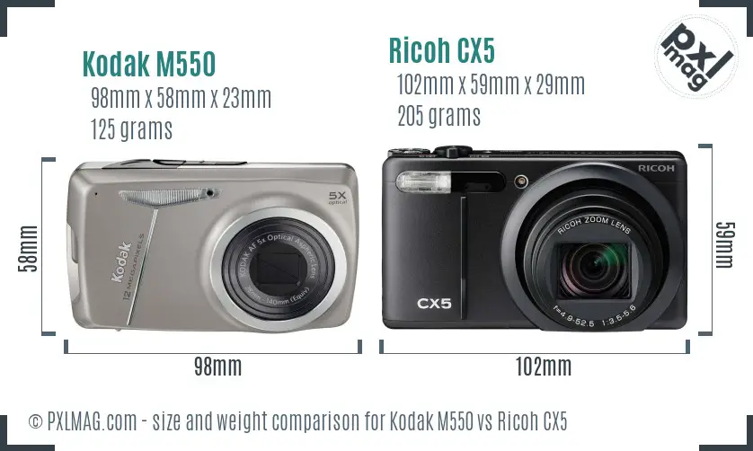 Kodak M550 vs Ricoh CX5 size comparison