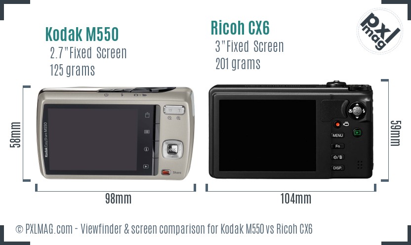 Kodak M550 vs Ricoh CX6 Screen and Viewfinder comparison