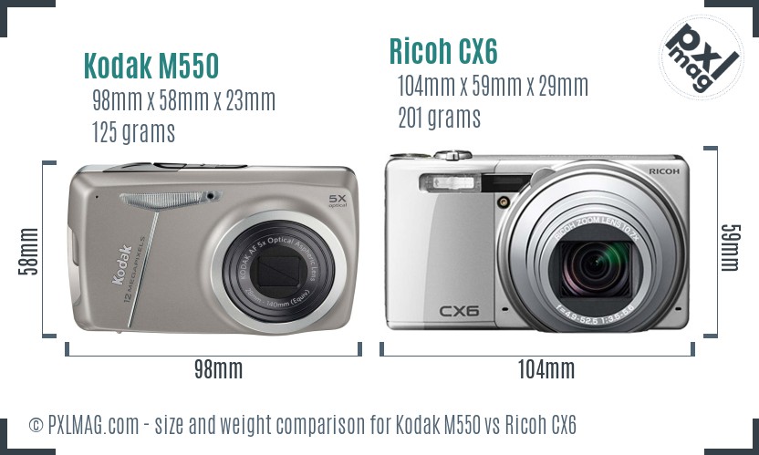 Kodak M550 vs Ricoh CX6 size comparison