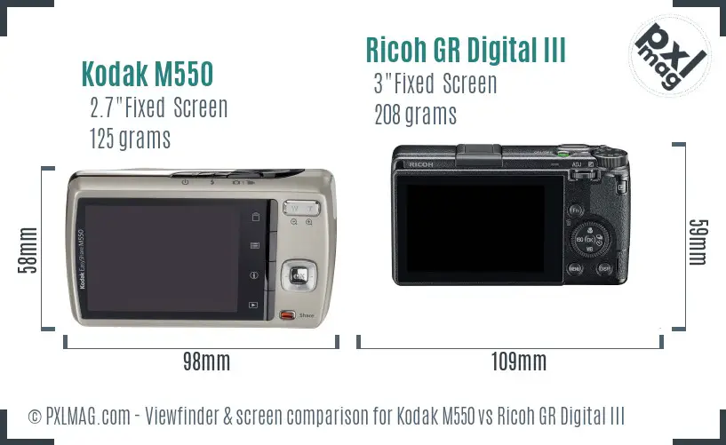 Kodak M550 vs Ricoh GR Digital III Screen and Viewfinder comparison