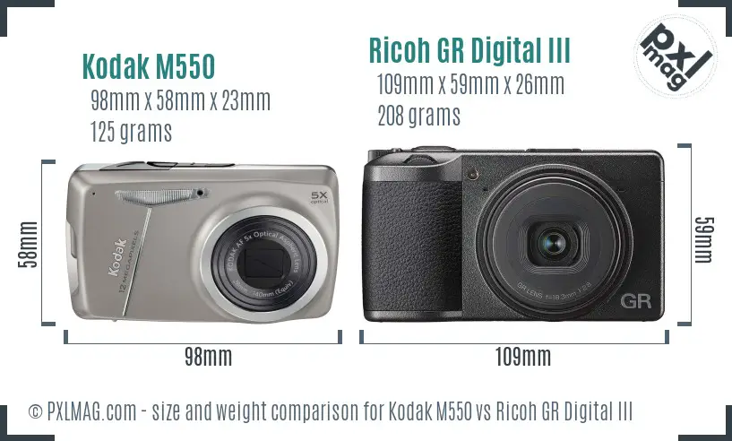 Kodak M550 vs Ricoh GR Digital III size comparison