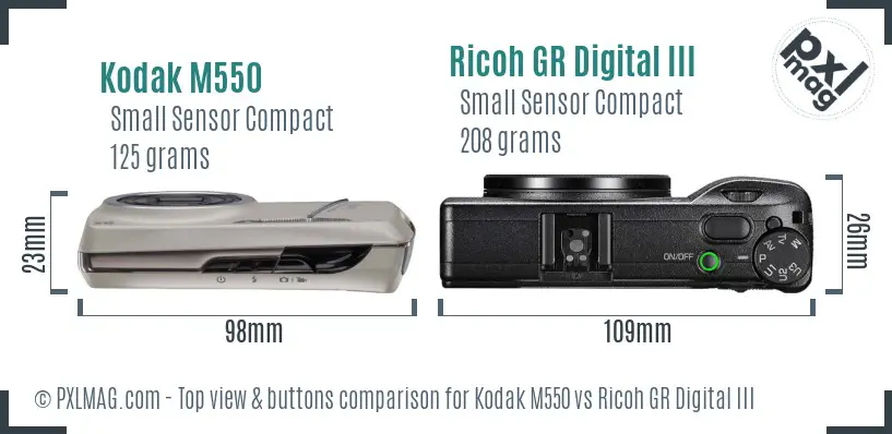 Kodak M550 vs Ricoh GR Digital III top view buttons comparison