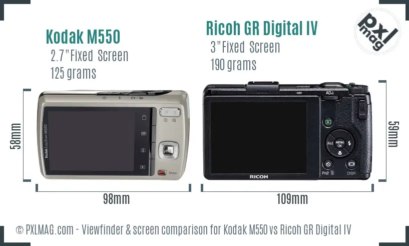 Kodak M550 vs Ricoh GR Digital IV Screen and Viewfinder comparison