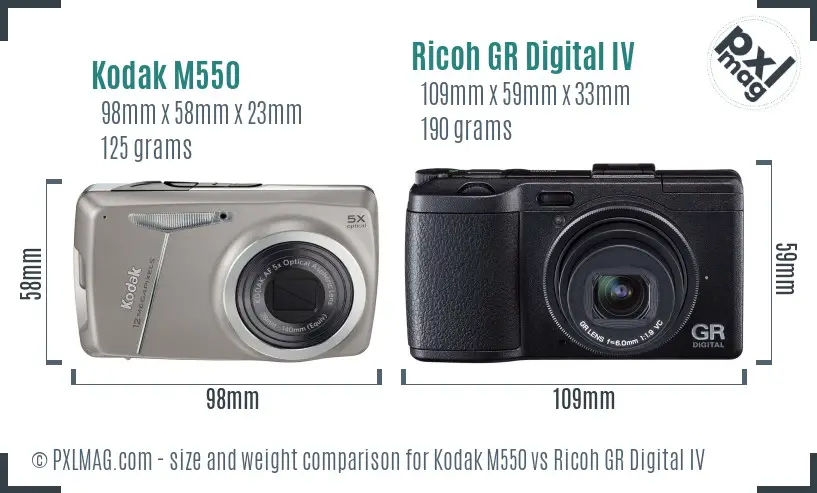Kodak M550 vs Ricoh GR Digital IV size comparison