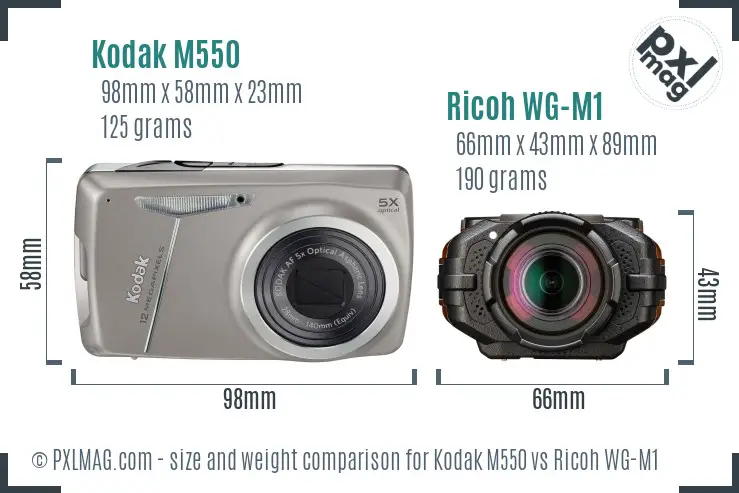 Kodak M550 vs Ricoh WG-M1 size comparison