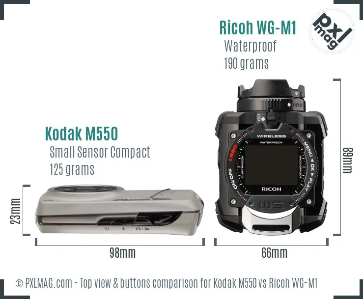 Kodak M550 vs Ricoh WG-M1 top view buttons comparison