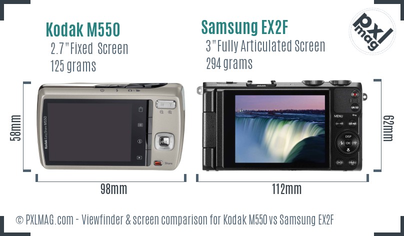 Kodak M550 vs Samsung EX2F Screen and Viewfinder comparison