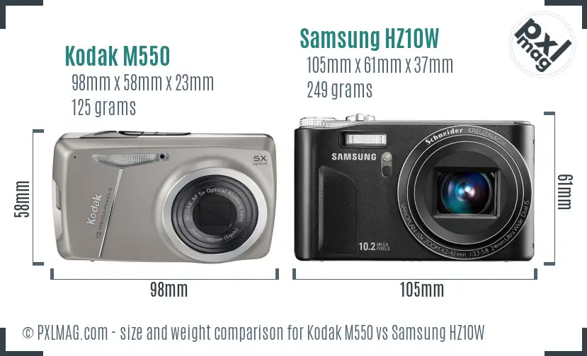 Kodak M550 vs Samsung HZ10W size comparison