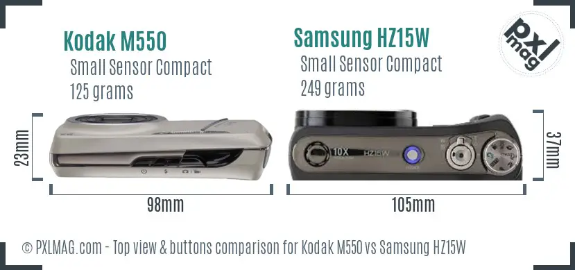 Kodak M550 vs Samsung HZ15W top view buttons comparison Kodak M550 vs Samsung HZ15W top view buttons comparison