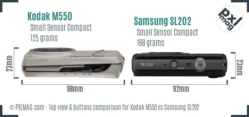 Kodak M550 vs Samsung SL202 top view buttons comparison Kodak M550 vs Samsung SL202 top view buttons comparison