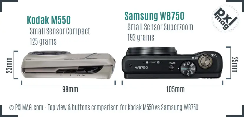 Kodak M550 vs Samsung WB750 top view buttons comparison Kodak M550 vs Samsung WB750 top view buttons comparison