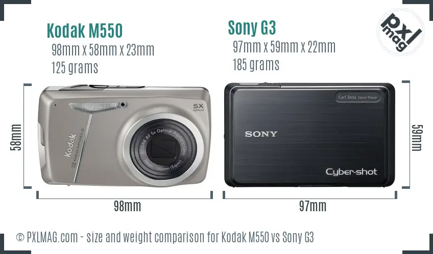 Kodak M550 vs Sony G3 size comparison