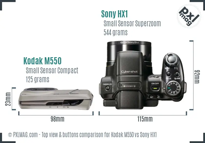 Kodak M550 vs Sony HX1 top view buttons comparison