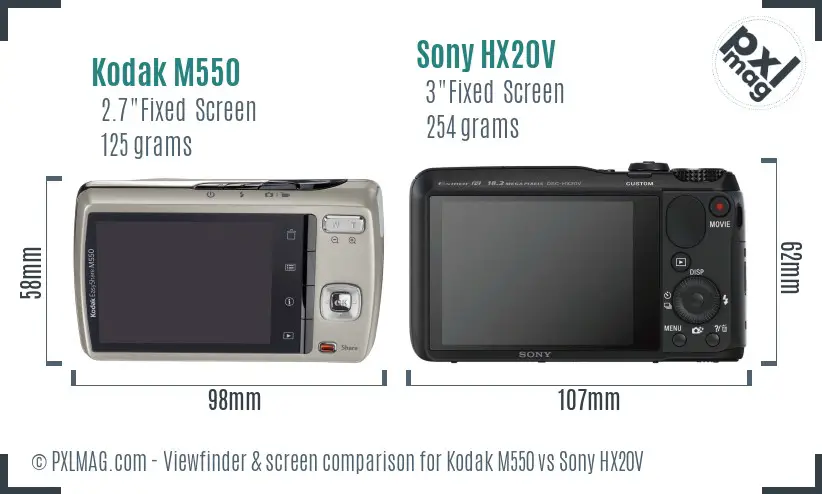 Kodak M550 vs Sony HX20V Screen and Viewfinder comparison