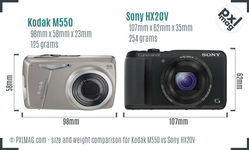 Kodak M550 vs Sony HX20V size comparison