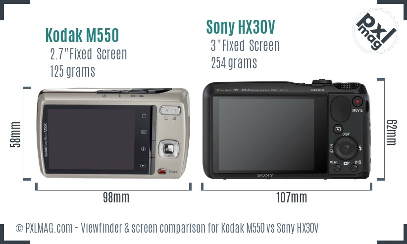 Kodak M550 vs Sony HX30V Screen and Viewfinder comparison