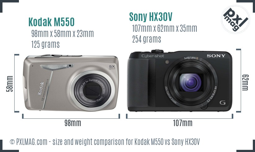 Kodak M550 vs Sony HX30V size comparison