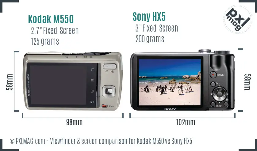 Kodak M550 vs Sony HX5 Screen and Viewfinder comparison